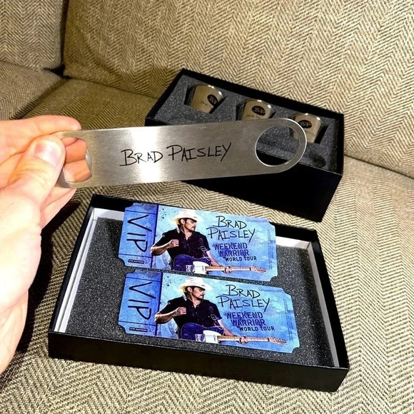 BRAD PAISLEY ‼️Official Merch‼️ 3 piece shot glass and bottle opener/2 vip CMT - Picture 1 of 7